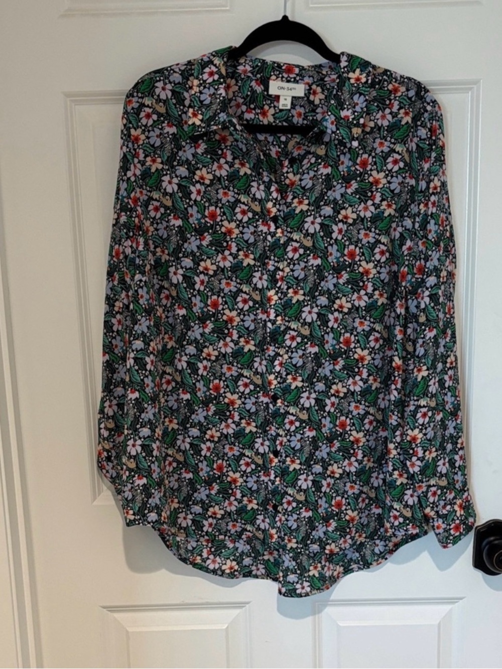 On 34th Floral Button-Up Blouse in Green and Black